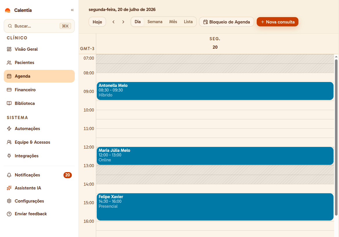 Agenda do dia na Calentia, com sessões do consultório organizadas por horário